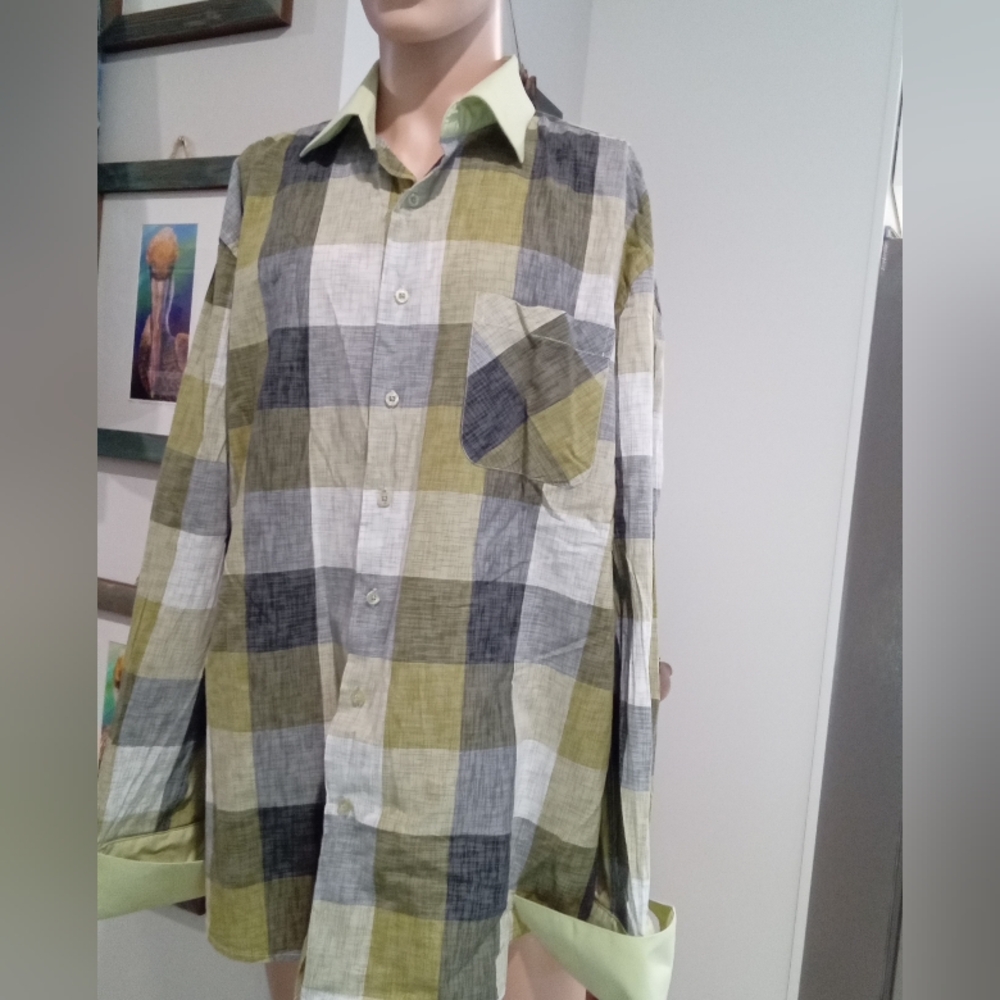 Avanti Uomo Men's 17.5 36/37 Plaid Dress Shirt - Green and Gray Needs Cufflinks